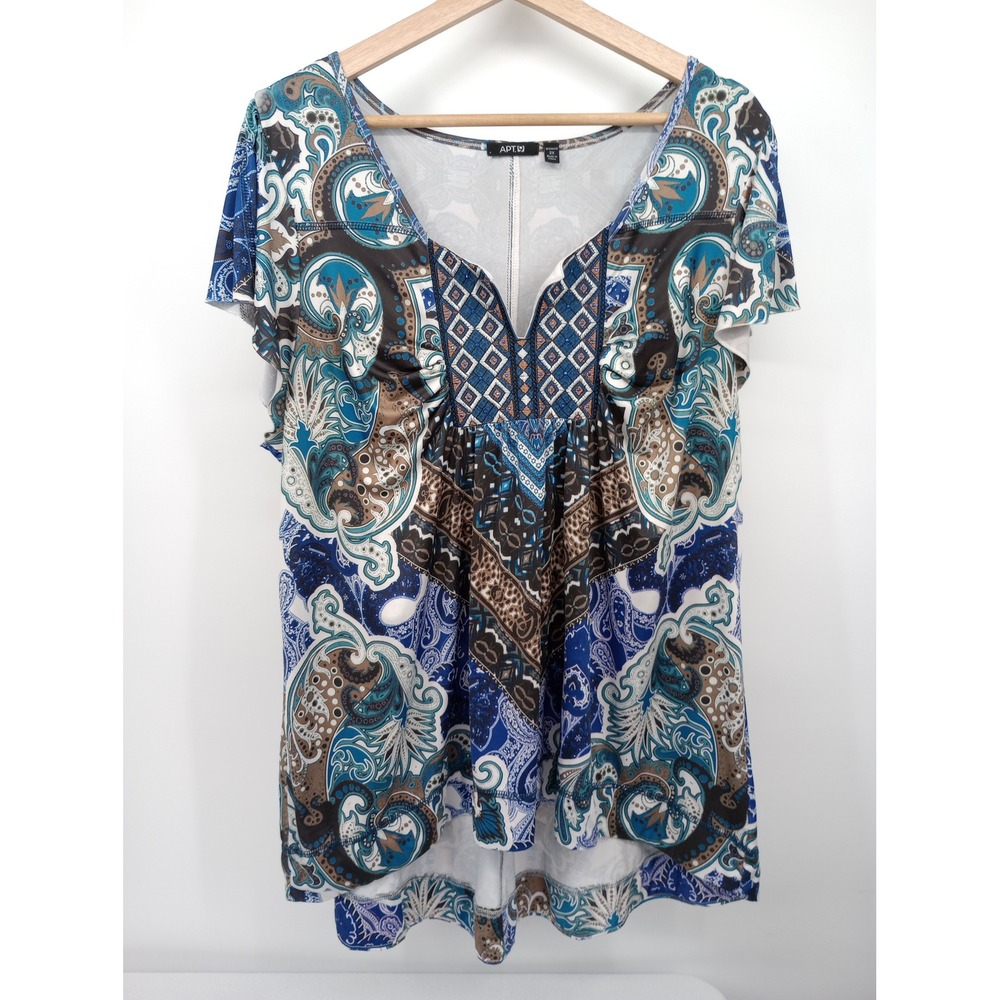 Apt. 9 Blouse Tunic Woman 2X Blue Paisley Boho Short Sleeve V-Neck Top